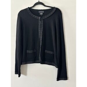 Sutton‎ Cashmere Black 100% Cashmere Ruffle Ribbon Trim Open Front Cardigan XL